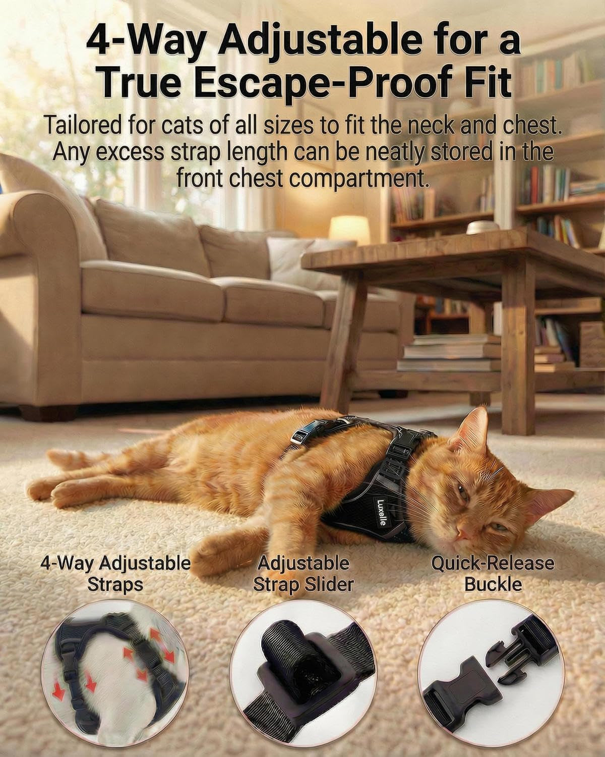 Escape-Proof Cat Harness and Leash Set – Adjustable No Pull Soft Vest with 360° Reflective Straps, Built-In Pocket & Wrist Strap, Breathable Mesh Outdoor Harness for Cats & Kittens