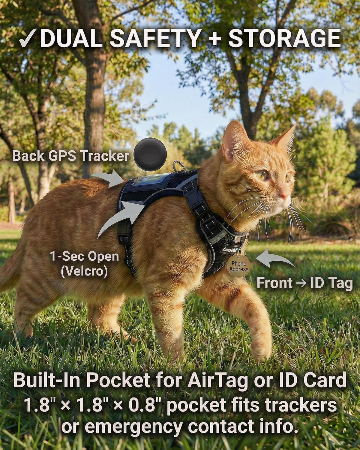 Escape-Proof Cat Harness and Leash Set – Adjustable No Pull Soft Vest with 360° Reflective Straps, Built-In Pocket & Wrist Strap, Breathable Mesh Outdoor Harness for Cats & Kittens