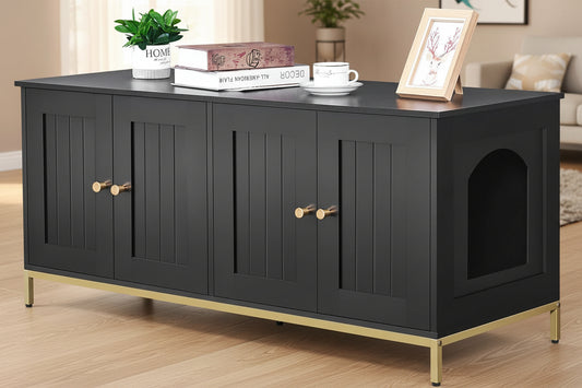 Cat Litter Box Enclosure for 2 Cats, Cat Washroom Furniture with Double Room, Pet House with Metal Frame, 47.2”L X 17.7”W X 21.7”H, Black and Gold