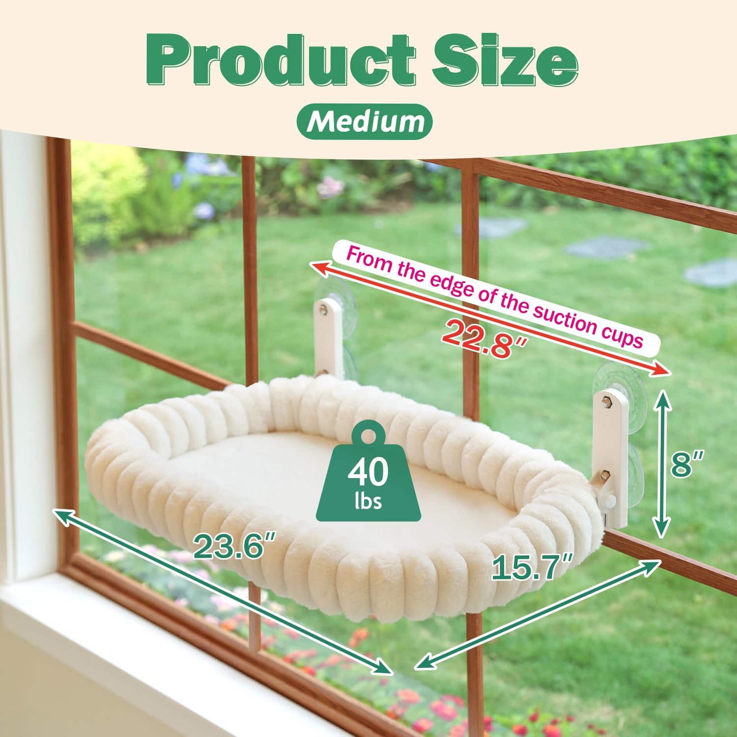 Snugcloud Foldable Cat Window Perch - Cordless, Ultra Soft Machine Washable Bed with 4-Sided Bolster, Metal Frame - Window Hammock for Large Cats and Kittens (Cream White, Medium)