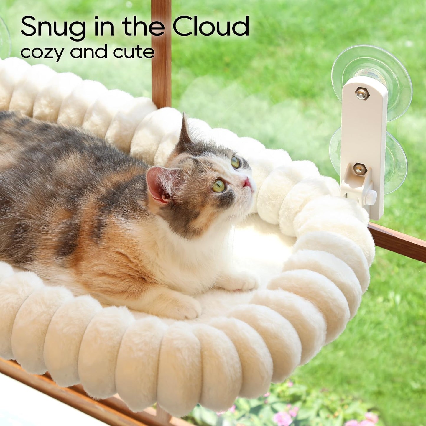 Snugcloud Foldable Cat Window Perch - Cordless, Ultra Soft Machine Washable Bed with 4-Sided Bolster, Metal Frame - Window Hammock for Large Cats and Kittens (Cream White, Medium)