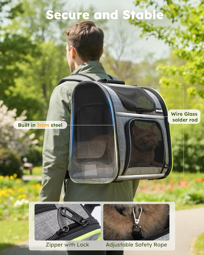 Cat Backpack Carrier Expandable , Foldable Pet Backpack for Cats & Small Dogs up to 11Lbs, with 4-Side Breathable Mesh, Multi-Entry & Lockable Zippers for Travel, Hiking, Camping - Hands Free,