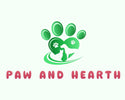 Logo of 'Paw and Hearth' with green paw prints and a heart on a white background