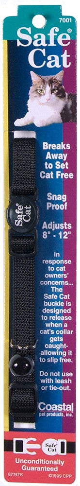 Safe Cat Adjustable Snag-Proof Nylon Breakaway Collar Black 3-8 in X 8-12 In