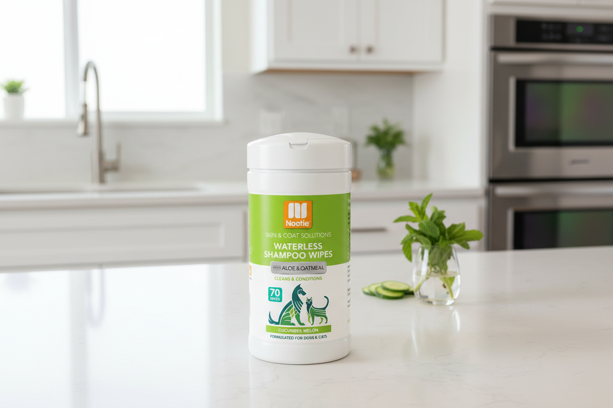 Nootie waterless shampoo wipes container with green label on a white background