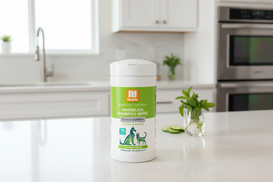 Nootie waterless shampoo wipes container with green label on a white background