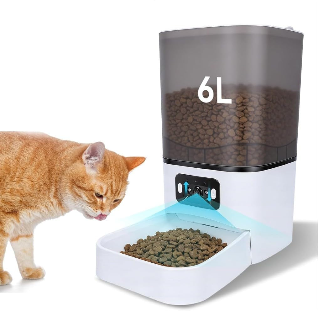 6L Automatic Cat Feeder, Cat Automatic Feeder with Camera, 180° Wide Angle 2MP & Two-Way Talk Feature & Voice Recording & 5Ghz 2.4Ghz Wifi