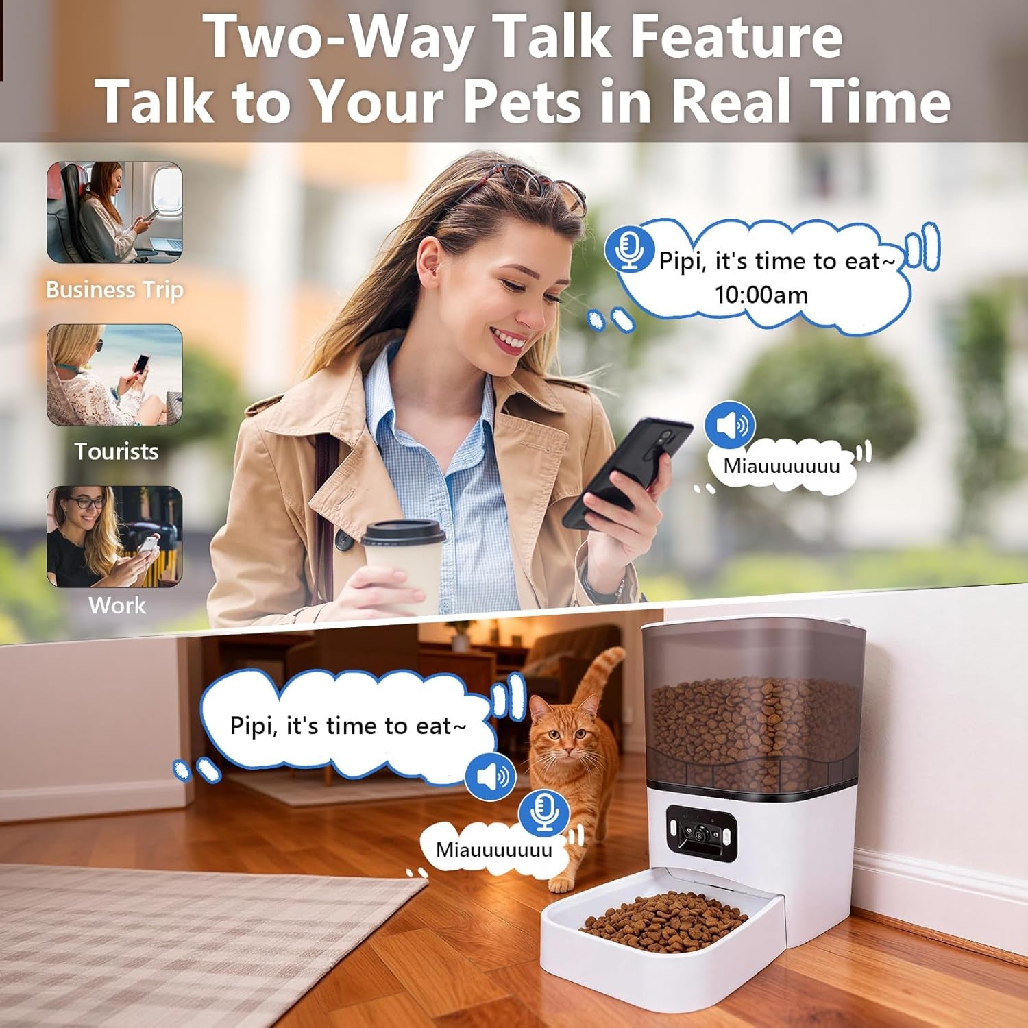 6L Automatic Cat Feeder, Cat Automatic Feeder with Camera, 180° Wide Angle 2MP & Two-Way Talk Feature & Voice Recording & 5Ghz 2.4Ghz Wifi
